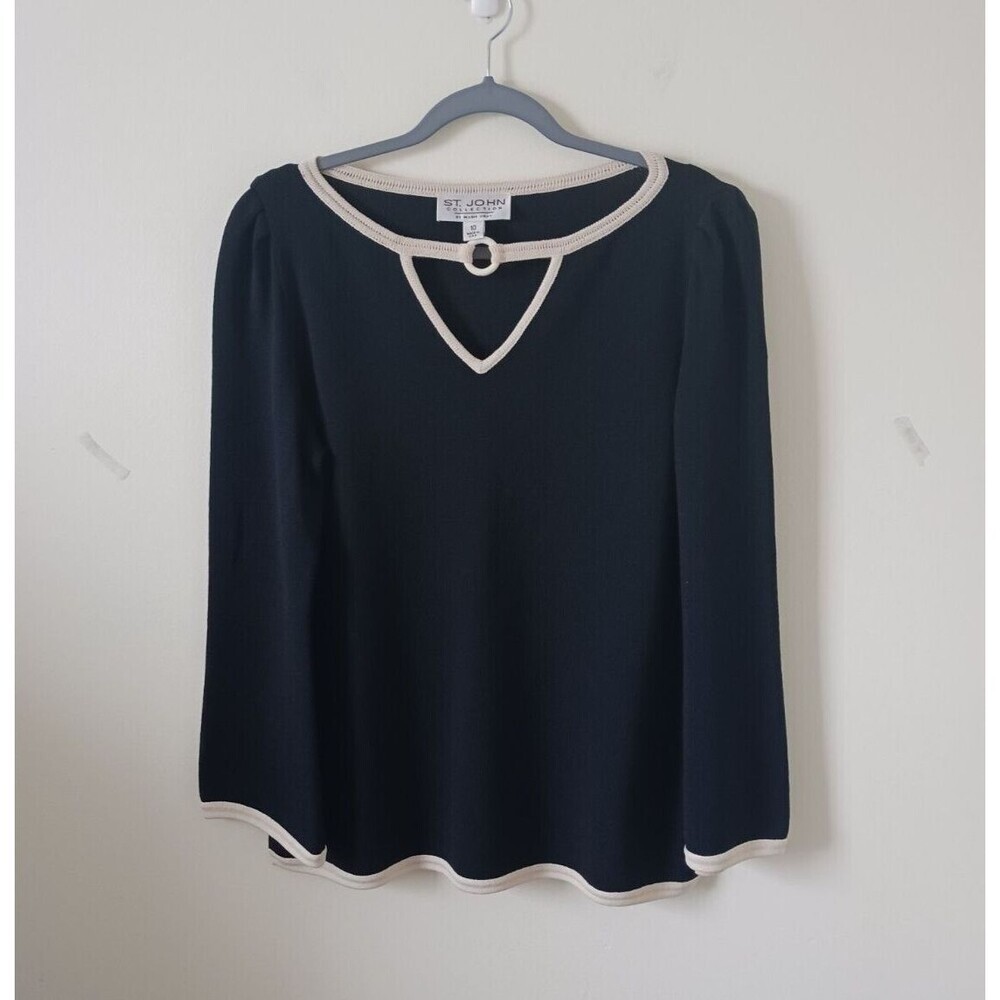 St. John Collection By Marie Gray Knit Sweater Scoop Neck Navy Blue Ivory Size10